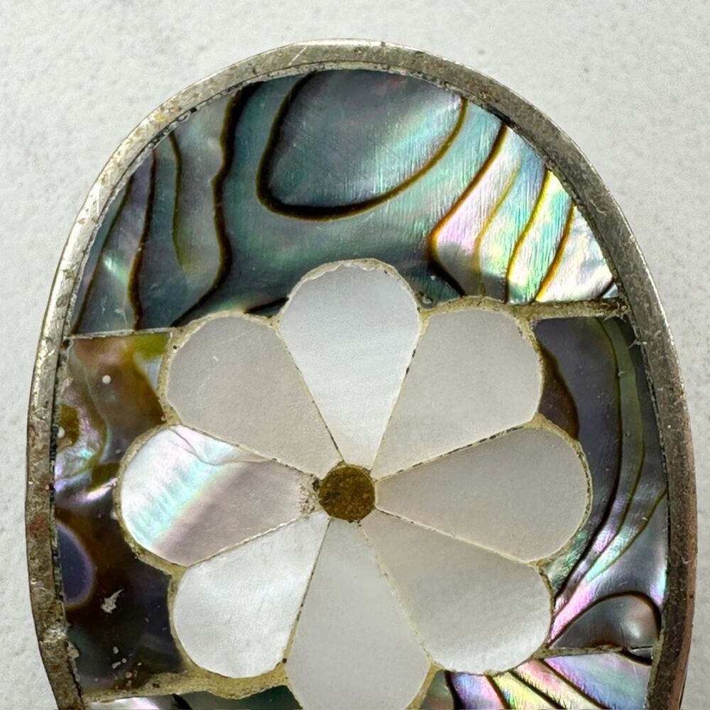 Vintage Alpaca Mexico Silver Abalone Mother of Pearl Flower Oval Brooch Pin ✨ - Picture 3 of 8